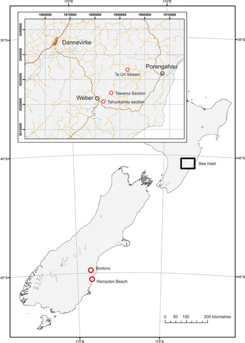 Figure 1. Map of New Zealand showing locations referenced in the text: Te Uri Stream, Tawanui, Tahuokaretu Stream, Bortons and Hampden Beach sections, identified by red circles. The inset map grid is 10,000 m New Zealand Transverse Mercator (NZTM); it has a true north orientation.