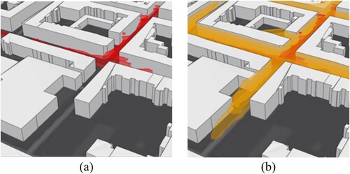 Figure 9. Noise levels with a minimum at 65 dB (red isopleth) (a) and noise levels with a minimum at 55 dB (orange isopleth) (b).