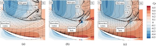 Figure 13. Time-averaged Cp contour and limiting streamlines on the suction surface and endwall of cascades: (a) baseline cascade; (b) steady endwall air injection (SEAI) cascade (A¯ = 1.22); (c) optimal pulsed endwall air injection (PEAI) cascade (St = 0.975, A¯ = 1.22). LE = leading edge; TE = trailing edge; CSL = corner separation line; TSL = trailing separation line.