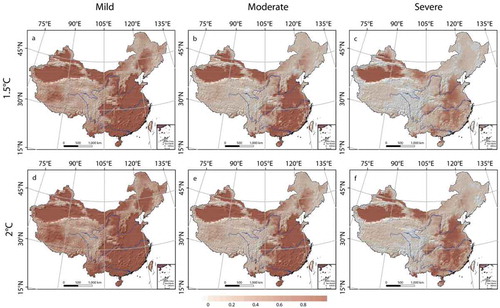 Figure 4. Spatial patterns of the heatwave hazard indexes in China for 1.5°C and 2°C of global warming under the RCP8.5 scenario.