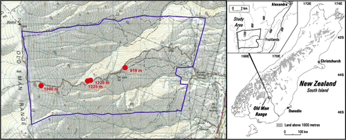 Figure 1  Obelisk Station showing locations of the four plot sites (•) on the Old Man Range and the Station boundary. Site map prepared by P. Espie; sourced from NZMS 260, G42 – Alexandra. Crown Copyright Reserved.