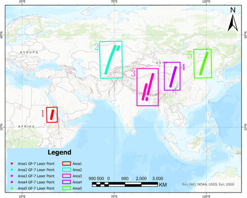 Figure 1. GF-7 satellite laser data and study area distribution.