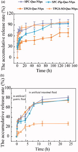 Figure 5. The in vitro drug release profiles of Que-NSps in PBS containing 0.1% (w/v) Tween 80 at 37 °C (a) and in artificial gastrointestinal juice containing 0.1% (w/v) Tween 80 at 37 °C (b) (mean ± SD, n = 3).