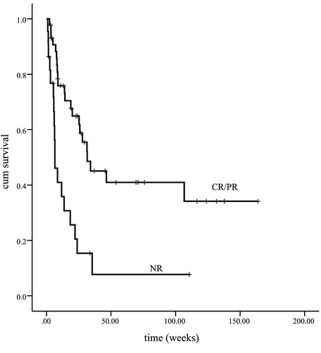 Figure 2. The treatment efficacy evaluation suggested that the overall survival was significantly prolonged in patients who reached CR/PR compared with patients who did not reached response (p < .01)