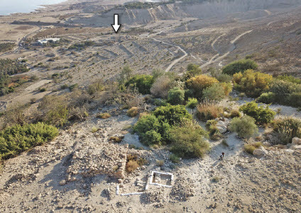 Fig. 9: The site near the En-Gedi Spring, looking southeast (photo by Tal Rogovski); Tel Goren is visible in the oasis plain (marked with white arrow)