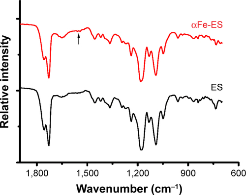 Figure S1 Samples were prepared for attenuated total reflectance Fourier transform infrared spectroscopy (ATR-FTIR; NICOLET6700FT-IR, Thermo Scientific, Dallas, TX, USA) analysis.Note: Compared with the ES control, αFe-ES showed a peak at 1,543 cm−1, representing the typical stretching of -NR2, which was caused by the nitrogen plasma treatment.Abbreviations: αFe-ES, αFeNPs-assembled electrospun scaffold; ATR-FTIR, attenuated total reflectance Fourier transform infrared spectroscopy; ES, untreated electrospun scaffold.