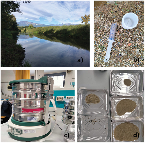 Figure 2. (a) Sampling station, Ghiandone River (NW Italy); (b) sediment cores; (c) Bertel mechanical sieve; (d) samples of the five granulometric classes considered.