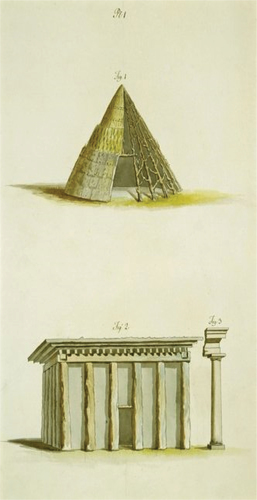 Figure 7. The origins of buildings and orders.” Sir William Chambers (1722–1796). Primitive buildings of conical and cubic form c.1757.