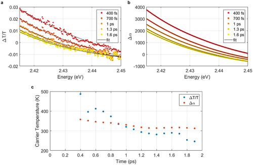 Figure 5. Fitting of the Fermi–Dirac distribution to the high energy side of the bleach signal with an initial excitation density of 1.5 × 1017 cm−3 using the (a) transient absorption spectrum and (b) Δn spectrum as obtained using FDI, and (c) the obtained carrier temperature over time.