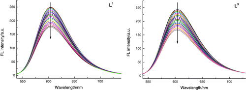 Figure 5. Emission spectra of DNA − EB in the absence and presence of increasing amounts of L1 and L3 at room temperature, respectively ([EB] = 2 × 10−5 M, [DNA] = 1 × 10−4 M, and [L1, L3] = 1.5 × 10−5 M).