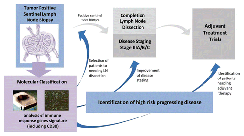Figure 1. Distinct transcriptional profiles of immune response genes of tumor-positive sentinal node biopsies (SNB) stratify patients with progressing melanoma from those with non-progressing disease. The development of a molecular classification signature to integrate standard pathology assessment of tumor infiltration by sentinel node biopsy may potentially improve disease staging to permit the identification of patients at high risk for recurrence that may benefit from adjuvant therapy. In addition, such a molecular signature could be predictive of the targeted subgroup of patients that may benefit from regional lymph node (LN) dissection, in order to spare overtreatment morbidity and care costs.