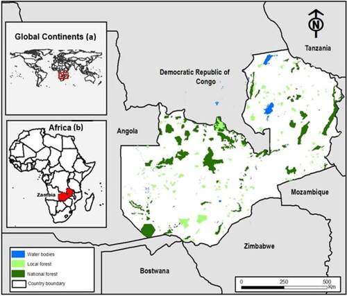 Figure 1. Location of Zambia and its neighbouring countries. The map also shows the distribution of the study area - National and local forest reserves - across Zambia. The geographic location of the study areas at global continental level is shown in insertion (a), while the location of Zambia in African is presented in insertion (b).