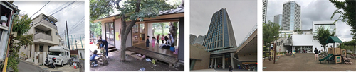 Figure 7. Spaces not regulated as a specific building type: Kinutama Playhouse (local housing rental), Broad Bean House (temporary building), dream campus (office unit rental), Futakotamagawa Park Visitor center (independent building).