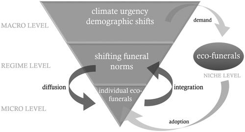 Figure 4. Feedback loop of eco-funeral normalization. Note: As eco-funerals are adopted by an expanding network of individuals at the micro level, these practices become more normalized in society. The gradual integration of these niche practices into mainstream society drives a shift in funeral norms. This shift in norms then amplifies the diffusion of eco-funerals, further normalizing and integrating these practices in society, thereby creating a positive feedback loop.