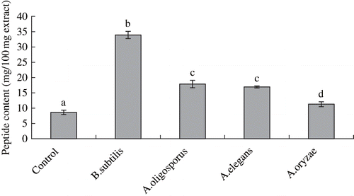 Figure 5 Change of peptide content of various extracts of Meitauza koji. Values represent the means + standard deviation (SD) of n = 3 duplicate assays.