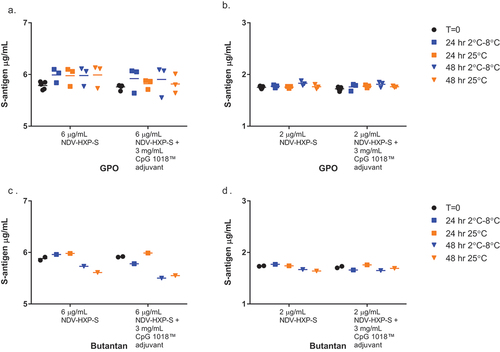 Figure 3. Pilot S-antigen stability. Stability of NDV-HXP-S at 2°C to 8°C and 25°C for 48 hours. (a) GPO NDV-HXP-S at 6 µg/mL with and without CpG 1018® adjuvant at 3 mg/mL; (b) GPO NDV-HXP-S at 2 µg/mL with and without CpG 1018® adjuvant at 3 mg/mL; (c) Butantan NDV-HXP-S at 6 µg/mL with and without CpG 1018® adjuvant at 3 mg/mL; (d) Butantan NDV-HXP-S at 2 µg/mL with and without CpG 1018® adjuvant at 3 mg/mL.