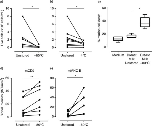 Fig. 4 Cell death in stored breast milk samples leads to contamination of the milk EV population. (a, b) Cells were isolated from fresh or stored breast milk and their viability was assessed by trypan blue exclusion. Number of viable cells determined in fresh milk samples and after storage (a) for 2 hours at −80°C (n=6 different donors) or (b) for 2 hours at 4°C (n=9 different donors). (c, d, e) Fresh breast milk was spiked with murine cells, after which cells or EV were recovered immediately or after storage at −80°C for ≥2 weeks. (c) Flow cytometric analysis of the percentage of dead murine cells in culture medium, or in fresh or stored breast milk samples. Box plots show mean±SD of 3 independent experiments in 5 donors. (d, e) EV were recovered from breast milk samples by top-down density gradient ultracentrifugation. Contamination of the breast milk EV population with vesicles induced upon sample storage was assessed by western blot detection of murine EV markers. Indicated are the quantified western blot signals for (d) mCD9 and (e) mMHC class II (mCD9 n=7; mMHC class II n=6). *p<0.05; **p<0.01.