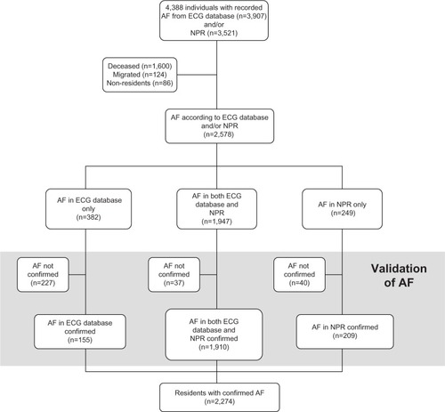 Figure 1 Schematic figure showing the method for finding and validating cases with AF from the ECG database and/or the NPR.