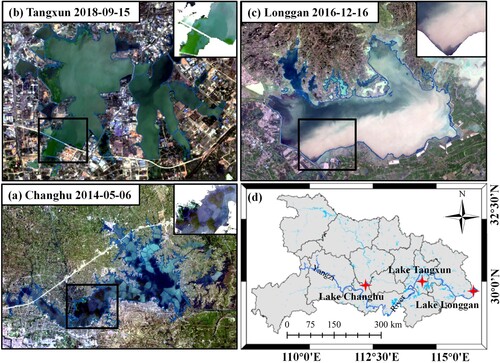 Figure 1. Map of the study area. Three typical water color anomalies are shown in the RGB images of Landsat atmospheric-corrected data in (a), (b), and (c). There is a clear color difference in the framed part of the RGB image of Lake Changhu (the upper right corner is a magnified image of this part), which is identified as aquatic vegetation (a). The algal boom and turbid water are framed in Figures (b) and (c) also present differently from the water’s true color.