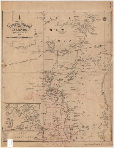 Figure 17. Map of parishes in the County of Torres, District of Cook, indicating pearl shell reserves, gold fields, telegraph lines, and shipping routes across parish boundaries, and showing that Thursday Island sits at the strategic centre of the county, relaying information to Brisbane and receiving commands for the administration of the region, from Surveyor General’s Office, Torres Strait and Islands, County of Torres, 1892, courtesy of Queensland State Archives, 633705