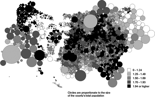 Figure 6 Shannon index of religious diversity in 2000, Dorling cartogram. Intervals contain equal numbers of counties. (Source: Glenmary and Polis data.)