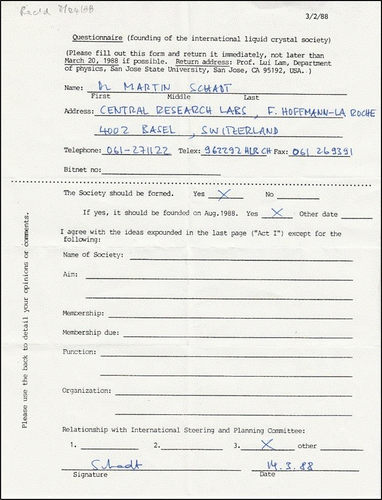 Figure 26. Questionnaire filled out by Martin Schadt (Mar. 14, 1988).