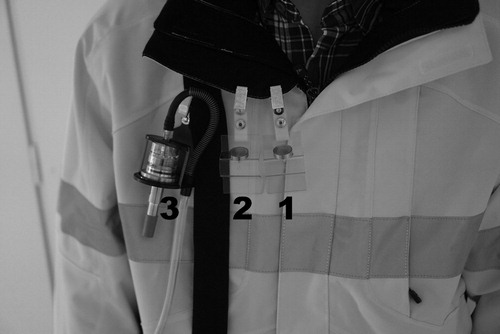 Figure 1. Measurement setup: Each worker had one respirable cyclone (3) and two UNC samplers (1 and 2) fastened to their workwear.