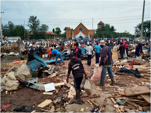 Figure 4: Demolition of the Kibuye market in Kisumu during the COVID-19 lockdown period. Traders did not get an opportunity to salvage their goods because demolition occurred during the night-time curfew. As often in such circumstances, demolition was justified on public health grounds, with construction of a new formal market planned, but with scant regard for the assets and livelihoods of the affected traders. Image credit: John Chueya (Arina Youth Group).