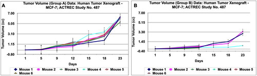 Figure 12. Tumour volume of group a and tumor volume of group B data of human tumor Xenograft - MCF-7 mice model treated with Prakasine for 23 days. A and B : In both the group A and B the tumour volume has increased gradually in all the six animals from 1st day to 23rd day.