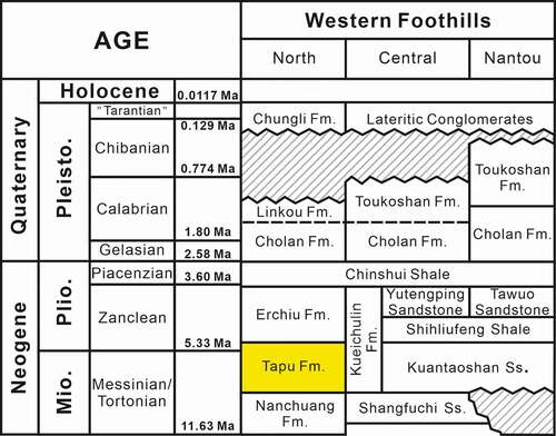 Figure 2. Stratigraphic correlation of the Western Foothills, Taiwan (modified after Chen and Yu Citation2016). The studied formation, the Tapu Formation, is indicated in yellow.
