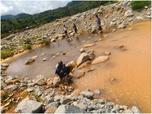 Figure 4. ‘Disaster left many people in poverty without food…gardens were washed away by the floods…People are now surviving on gold panning. Nyahode River and its streams are congested with [gold] panners – both local and migrants. Red muddy water in this pool is coming upstream where mining is happening, we used to get fish from Mozambique but very few vendors are crossing to buy fish for reselling here because everyone is hesitant of crossing Haroni River due to Cyclone Idai events, therefore local men are now resorting to fishing in mining polluted waters. They are selling the fish here at the market’. (Female farmer, photovoice narrative during site visit, Nyahode River in 2020).