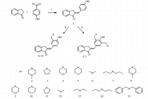 Scheme 1. General structures of the compounds synthesized. i: Ethanol, aq. NaOH 10% ii: Paraformaldehyde, amine (A), acetonitrile, 200W, 13.8 barr, 120°C Amine used: Corresponding amines of A.