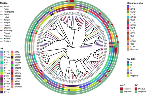Figure 2. Phylogenetic tree of 140 MSSA-PENS isolates. Different colours of branches in the tree represent different provinces from which isolates were collected. Data on the CC types, ST types, IEC types and presence of blaZ gene and PVL are mapped on the tree from inner to outer circle. Tips are labelled according to spa types of isolates.