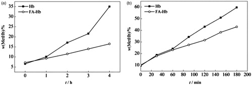 Figure 6. Time course of MetHb formation in Hb and FA-Hb at 37 °C. (a) no NaN3; (b) with 0.1 mol/L NaN3.