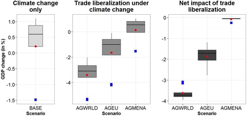 Figure 3. Gross domestic product (GDP) impacts for Morocco by scenario (in % change). Source: Simulation results.Note: Results are presented in box plots using the ‘ggplot2’ package in R. The lower and upper borders of the box plot represent respectively the 25th and 75th percentiles of the distribution of yield projections. The upper (lower) whisker extends from the box plot upper (lower) border to the highest (lowest) value that is within 1.5*IQR of the border, where IQR stands for inter-quartile range defined as the distance between the 25th and 75th percentiles. The black lines inside the box plot refer to the median of the distribution. The red dots represent the average of the distribution. Data beyond the end of the whiskers are outliers and are plotted as blue squares. For a detailed discussion, refer to McGill, Tukey, and Larsen (Citation1978).