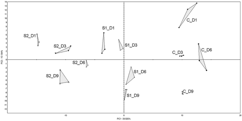 Figure 2. PCA analysis (score plot for main variation) of volatile chromatographic profiles of turkey samples C, S1, S2 stored 1, 3, 6 and 9 days.C : control samples with addition of 0.5% NaCl.S1: samples with addition of 0.5% NaCl and 0.02% sage extract.S2: samples with addition of 0.5% NaCl and 0.05% of sage extract.Figura 2. Análisis PCA (diagrama de datos para la variación principal) de perfiles cromatográficos volátiles de muestras de pavo C, S1 y S2 almacenadas durante 1, 3, 6 y 9 días.C : muestras adicionadas con 0.5% NaCl.S1: muestras adicionadas con 0.5% NaCl y 0.02% de extracto de salvia.S2: muestras adicionadas con 0.5% NaCl y 0.05% de extracto de salvia.