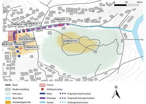 Figure 8. Map of Kutaisi with the moat, excavation, and survey areas (Drawing by R. Bieńkowski, A. Kaliszewska, J. Hamburg, M. Holappa; basic data source: QGIS 3.20).