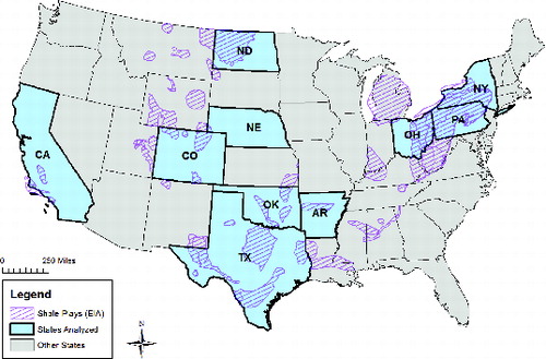 Fig. 1. States analyzed with the Data Accessibility and Usability Index in this study overlaid on continental U.S. shale plays (shapefile source U.S. Energy Information Administration).