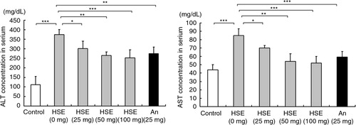 Fig. 4 Effects of HSE supplement on serum alanine aminotransferase and aspartate aminotransferase in HFD-fed hamsters. Serum alanine aminotransferase and aspartate aminotransferase levels in hamsters fed a normal diet (control) and hamsters fed HFD along with different amounts of HSE or 25 mg anthocyanin. Data are shown as the mean±SD: *p<0.05, **p<0.01, ***p<0.001 compared with the HFD group.