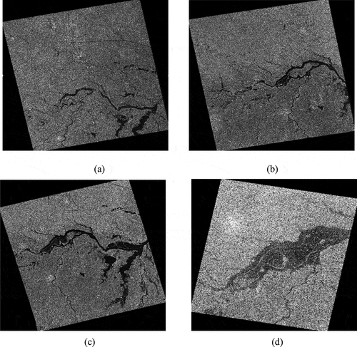 Figure 9. Experiment datasets of Wangjiaba. (a)-(c) the GF-3 satellite images of 13, 20 and 21 July, respectively. (d) the COSMO-SkyMed satellite image on July 24.