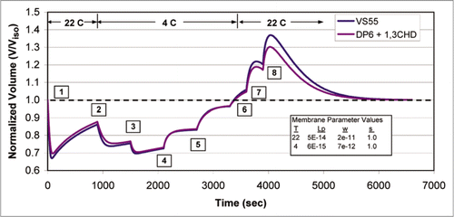 Figure 1 Plots of normalized cell volume showing the transient volume changes in islets during cryoprotectant addition (steps 1–3) and removal (steps 4–8) for the vitrification solutions VS55 and DP6-1,3 CHD. The protocols for both vitrification solutions do not exceed osmotic tolerance limits for islets of 0.6 V/Viso during CPA addition and 1.53 V/Viso during removal.