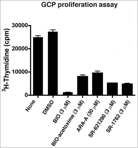 Figure 6. GSK3 inhibitors inhibit GCP proliferation. The compounds tested decrease GCP proliferation in the presence SHH (75 ng/ml). Purified GCPs were treated for 24 hours with the compounds and then3H-thyimidine was added to the media for an additional 24 hours. Plots representing the amounts of 3H-thyimidine incorporated by GCPs from one representative experiment performed in triplicate is shown. Plots represent the mean and the standard error of the mean.