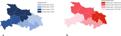 Figure 2 Distribution map of myopia prevalence and sunshine duration in Hubei. (a) prevalence; (b) sunshine duration.