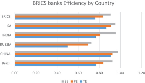 Figure 3. Technical efficiency (TE), Pure efficiency (PE) and scale efficiency (SE) of BRICS banks in the period of 2003–2018.