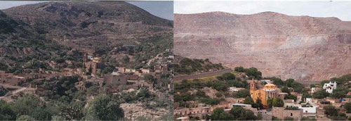 Figure 1. Before and after. On the left, the hill of Cerro de San Pedro before 2007, when operation of the mine started. On the right, the status of the landscape at the same time of year in 2013. The open-pit mine about 200 m from the centre of the village of Cerro de San Pedro has caused a large conflict that continues to date. (Left photo from BOF, Citation2013; right photo, Jesse Samaniego Leyva, 2013.)
