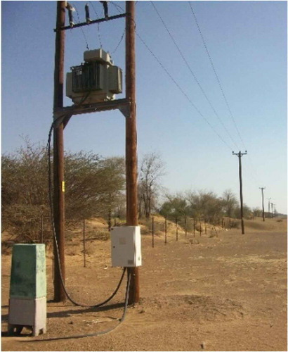 Figure 2. Wooden pole overhead line & pole mounted (11/0.4 kV) DT distribution transformer in desert region.