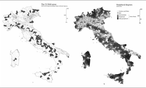 Fig. 3: The Italian Inner Areas map with the 72 SNAI areas and the related peripheral degrees.