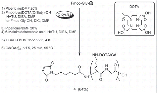 Scheme 2. Synthesis of maleimide-(DOTA/Gd)3 4a. aReagents and conditions: (a) piperidine/DMF 20%; (b) Fmoc-Lys(DOTA(OtBu)3)-OH, HATU, DIEA, DMF or Fmoc-Gly-OH, DIC, DMF; (c) 6-Maleimidohexanoic acid, HATU, DIEA, DMF; (d) TFA/H2O/TIS, 95/2.5/2.5, 4 h; (e) Gd(OAc)3, pH 5, 25 min, 95 °C.