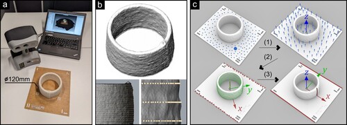 Figure 3. (a) Structured-light 3D scanning equipment acquiring cylindrical specimens. (b) Details of resulting mesh geometry generated. (c) Registration procedure steps.