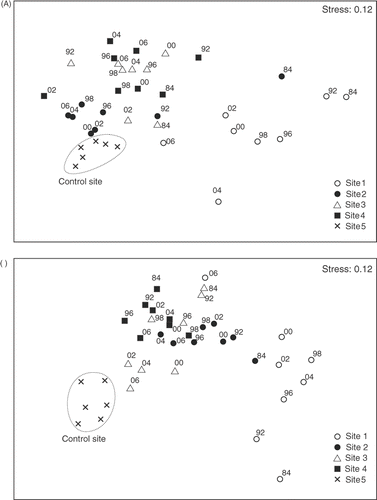 Fig. 5. Functional group MDS ordination plots on the basis of the Bray–Curtis dissimilarity measure of centroids of each site at each time of sampling. Lines reflect the displacement of each site with respect to its initial position (from 1984 to 2006). (A) Assemblages from 1.4 m intertidal level. (B) Assemblages from 0.75 m intertidal level.